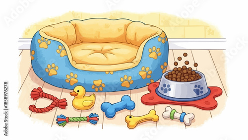 Dog Bed With Toys And Food Bowl On Floor.