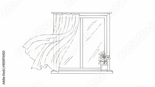 Drawing of a window with curtains blowing in the wind.