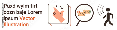 Communication, gesture recognition, email delivery, walking signal, digital interaction, technology. Hand pointing icon, email with magnifier person walking symbol. Communication and gesture