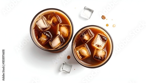 Overhead shot of two glasses filled with iced brown drink, cubes, droplets on white