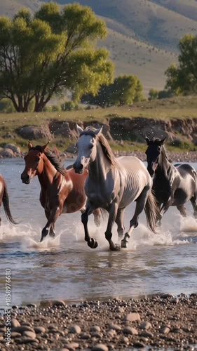 horse galloped slowly across the shallow riverbed