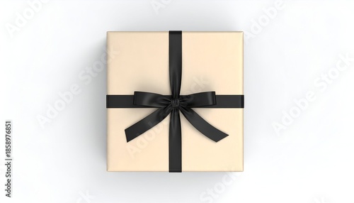 Overhead view of a tan gift box with a black ribbon and bow on a white background