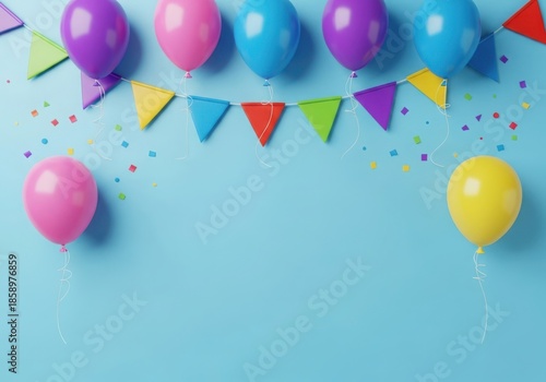 Vibrant balloons and festive bunting adorn a cheerful blue background for celebration