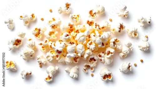 Overhead view of scattered fluffy popcorn kernels with golden-brown spots on a white backdrop