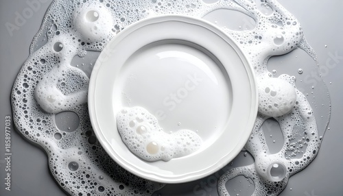 Overhead view of a white plate with bubbly soap suds on a neutral gray surface
