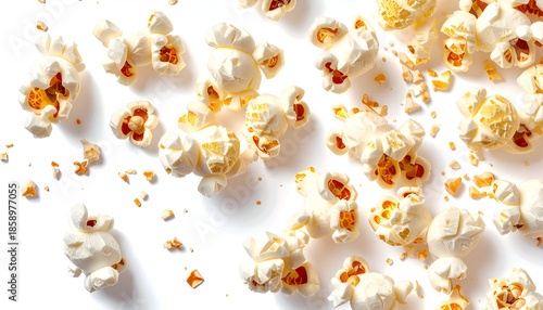 Overhead view of scattered, freshly popped kernels of the snack food on a white surface