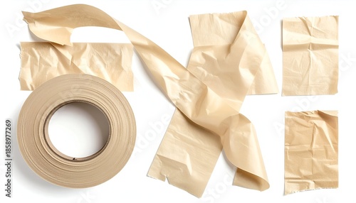 Overhead view of various pieces of kraft paper tape on a white background