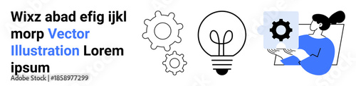 Technology, innovation, product development, design thinking, education, creativity. Light bulb icon, gears and person studying a gear diagram. Innovation and product development ion