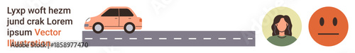 Transportation, emotions, road safety, communication, societal concepts, expression. A car on a road, a female avatar and an emotion symbol. Transportation and emotions concepts highlighted