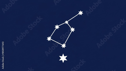 A constellation pattern in the night sky is depicted on a dark blue background with white stars and connecting lines from a top view