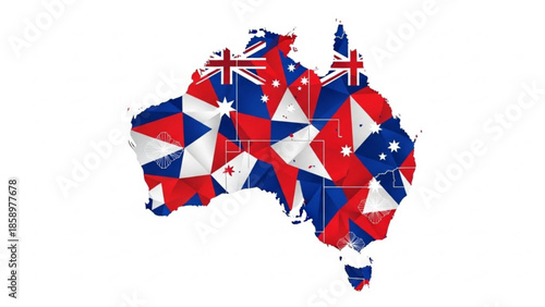 A mosaic map of Australia composed of triangular fragments displaying the Australian flag