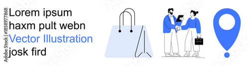 Online retail, e-commerce, business collaboration, shopping services, marketing, logistics. A shopping bag, two people shaking hands and a location pin. E-commerce and business collaboration concept