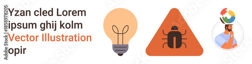 Innovation, cybersecurity, online protection, technology, global communication, problem resolution. Includes a lightbulb, warning sign with bug and person with a globe. Innovation and cybersecurity