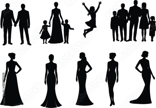 Collection of family silhouettes and elegant fashion women in evening gowns isolated on white background for lifestyle and wedding design projects
