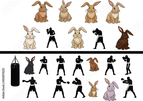 Collection of cute brown rabbit illustrations and black boxing fighter silhouettes with punching bag isolated on white background for sports and animal design projects