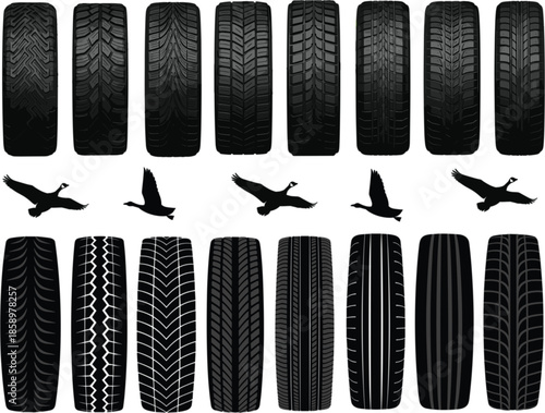 Collection of various car tire tread patterns and black bird silhouettes in flight isolated on white background for automotive and nature design projects