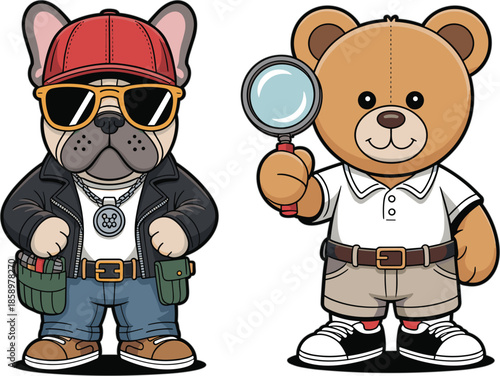 Cool French Bulldog In Leather Jacket And Detective Teddy Bear With Magnifying Glass Character Vector Illustration For Kids Design
