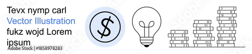 Finance, education, creative thinking, innovation, wealth building, market trends. Circular dollar sign, light bulb and stacked books. Finance and innovation conceptual