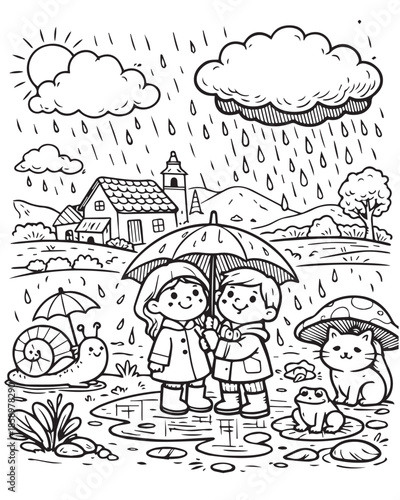 Cute vector cartoon illustration of two small children holding umbrellas while standing in the rain, smiling cheerfully with playful poses, soft colors, and a happy joyful atmosphere.