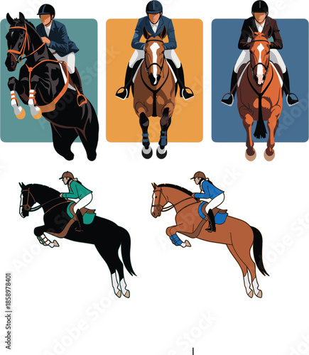 Equestrian show jumping athlete vector set featuring riders on horses in motion jumping hurdles for sports competition and racing
