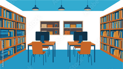 Flat vector illustration of a modern library interior with bookshelves computer desks chairs and lamps for education concept