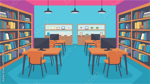 Flat vector illustration of a modern digital library interior with colorful bookshelves computer workstations chairs and hanging lamps