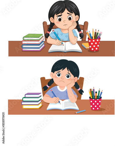Flat vector illustration of a sad young girl sitting at a desk with books feeling bored and overwhelmed