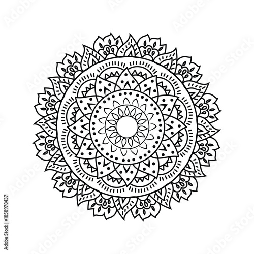 Intricate black and white mandala design featuring circular patterns and detailed floral elements