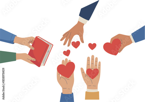 Hands of diverse people sharing red hearts and books for community support charity donation education and kindness concepts flat vector illustration set