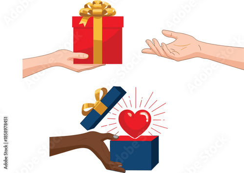 Hands giving and opening gift boxes with hearts for Valentine's Day charity donation romantic surprise and holiday celebration vector set isolated on white background