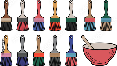Large collection of various artistic paintbrushes with wooden handles and colorful paint mixing bowl for creative art studio school and DIY craft projects