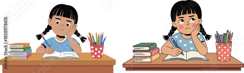 Set of flat vector illustrations featuring a young girl feeling bored and frustrated while studying at her desk