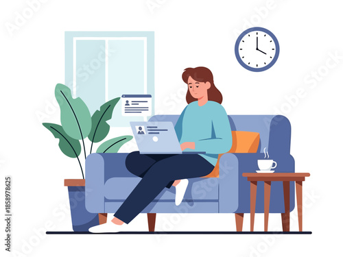 Woman Working Remotely on Laptop While Relaxing on Sofa at Home Office