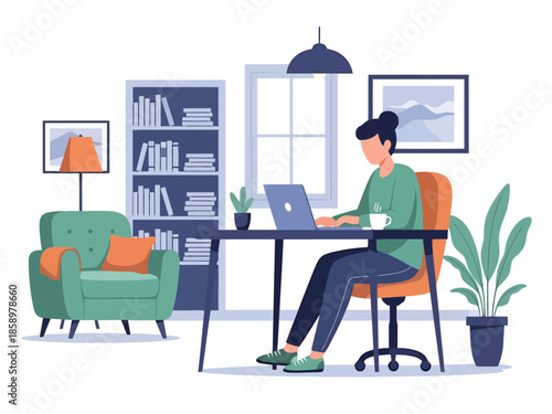 Modern Home Office Setup with Person Working on Laptop Computer