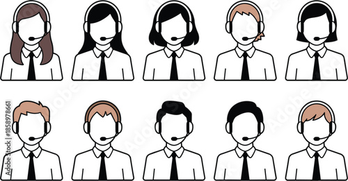 Set of minimalist call center customer service avatars with headsets and uniform shirts for online support telemarketing and professional business contact help page vector