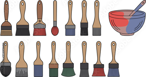 Set of various artistic paintbrushes with wooden handles and a colorful paint mixing bowl for creative art studio school and DIY craft projects vector