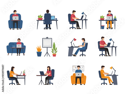 Diverse Individuals Working Remotely with Laptops in Various Settings