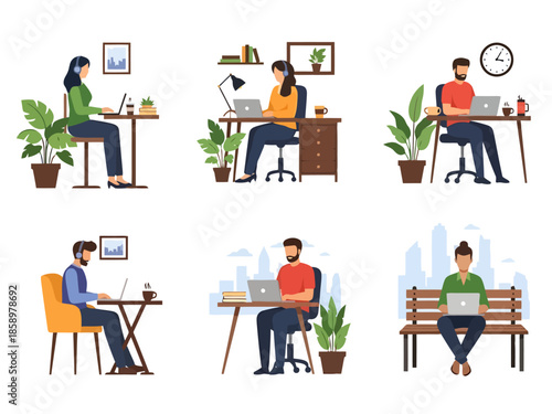 Diverse Individuals Working Remotely and On Site with Laptops in Various Settings