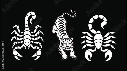 Set of white vector animal emblems featuring a powerful tiger and two stylized scorpions on a black background