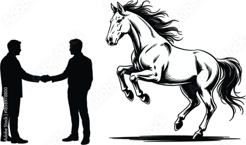 Vector set featuring businessmen handshake silhouette and rearing horse representing strong partnership leadership and corporate success concept