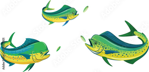 Vector set of colorful mahi mahi dolphin fish jumping and swimming with bait isolated on a white background