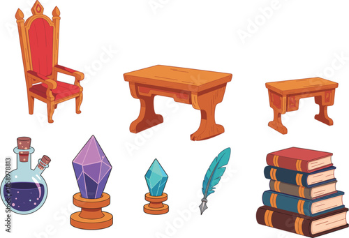 Vector set of fantasy magic study icons including royal throne wooden desks crystal gems potion bottle and old books