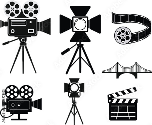 Vintage cinema production icons set with movie camera on tripod studio lighting clapperboard film strip and bridge silhouette