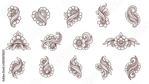 Henna tattoos ink sketch vector set. Floral leaves stems ornamental pattern skin maroon red temporary tattoo illustrations isolated on transparent background