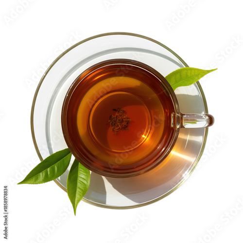 glass cup of black tea with leaves top view isolated on white background