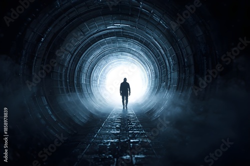 A man standing near an open door through which bright rays of light stream in.	