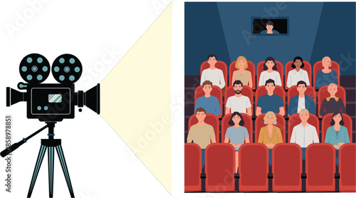 Vintage movie projector beam shining on cinema theater audience sitting in red chairs for film premiere and entertainment industry background vector