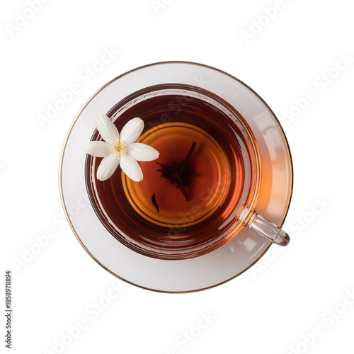 glass cup of black tea with leaves top view isolated on white background