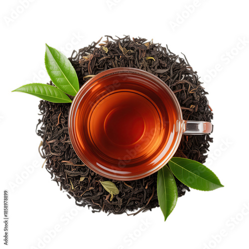 glass cup of black tea with leaves top view isolated on white background