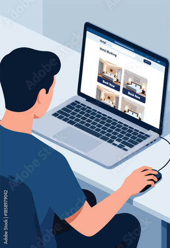 Person browsing hotel options on a laptop, clicking "Book Now" button